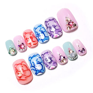 Pastel CARE BEARS (I) - Hand-Painted Press-On Nail set / VINTAGE / Dead-Stock