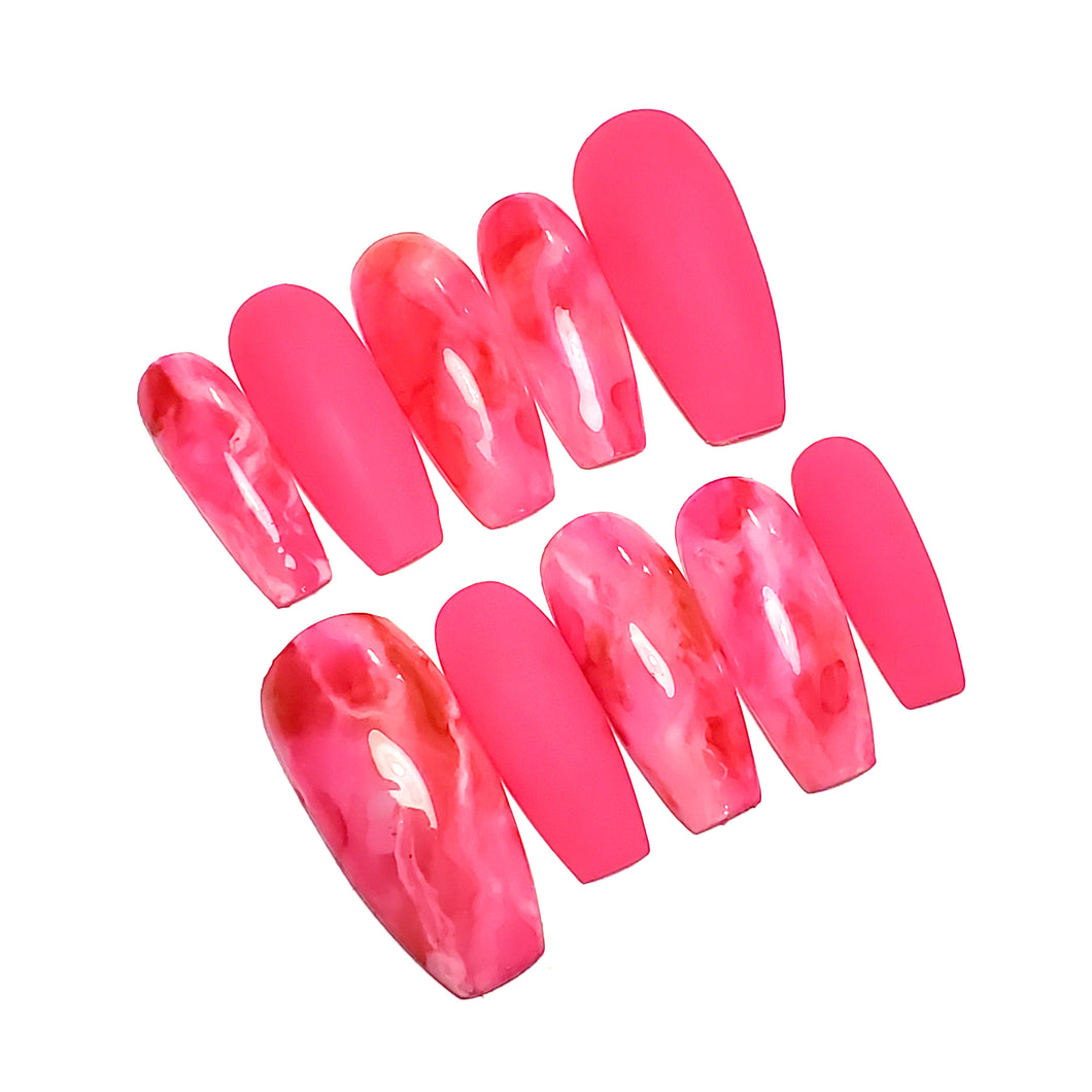 NEW! MARBLE + Matte Neon Pink - Hand-Painted Press-On Nail set - SIZE M