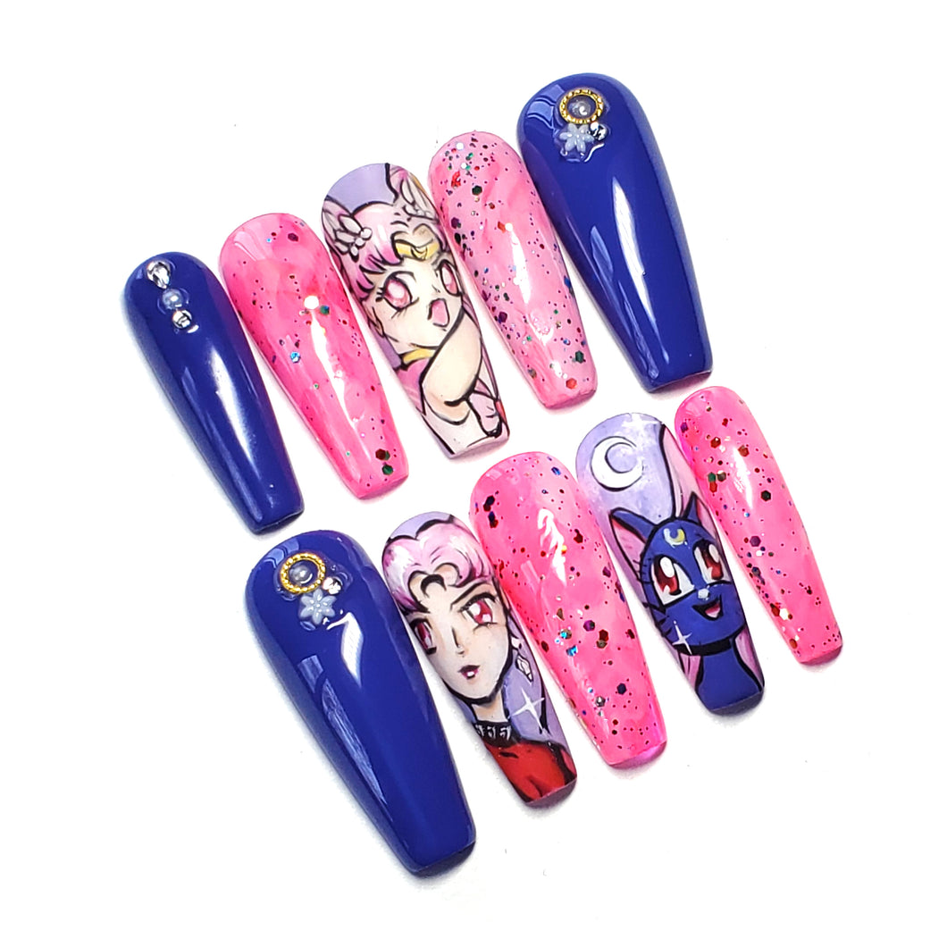NEW! CUSTOM - Sailor Moon Black Lady- Hand-Painted Press-On Nail set - Can be ordered