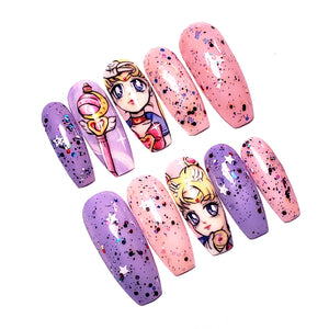 NEW! CUSTOM - Sailor Moon Pastel- Hand-Painted Press-On Nail set - Can be ordered