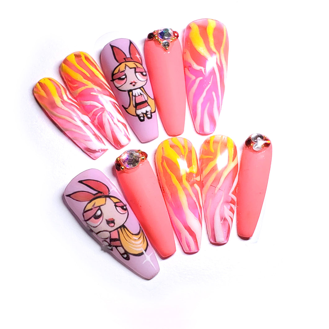 POWERPUFF GIRLS PINK / zerbra - Hand-Painted Press-On Nail set - SIZE M